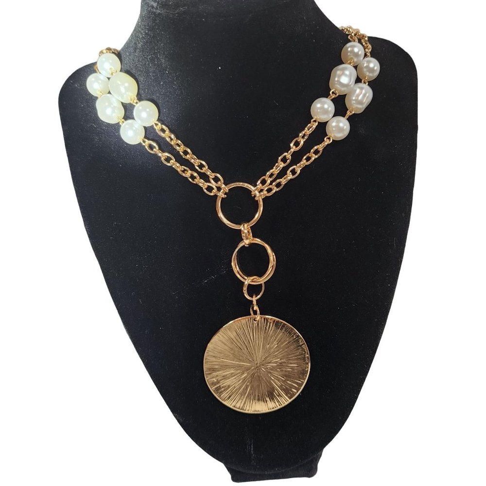 Erica Lyons Gold Pearl Double Layer Medallion Necklace NWT